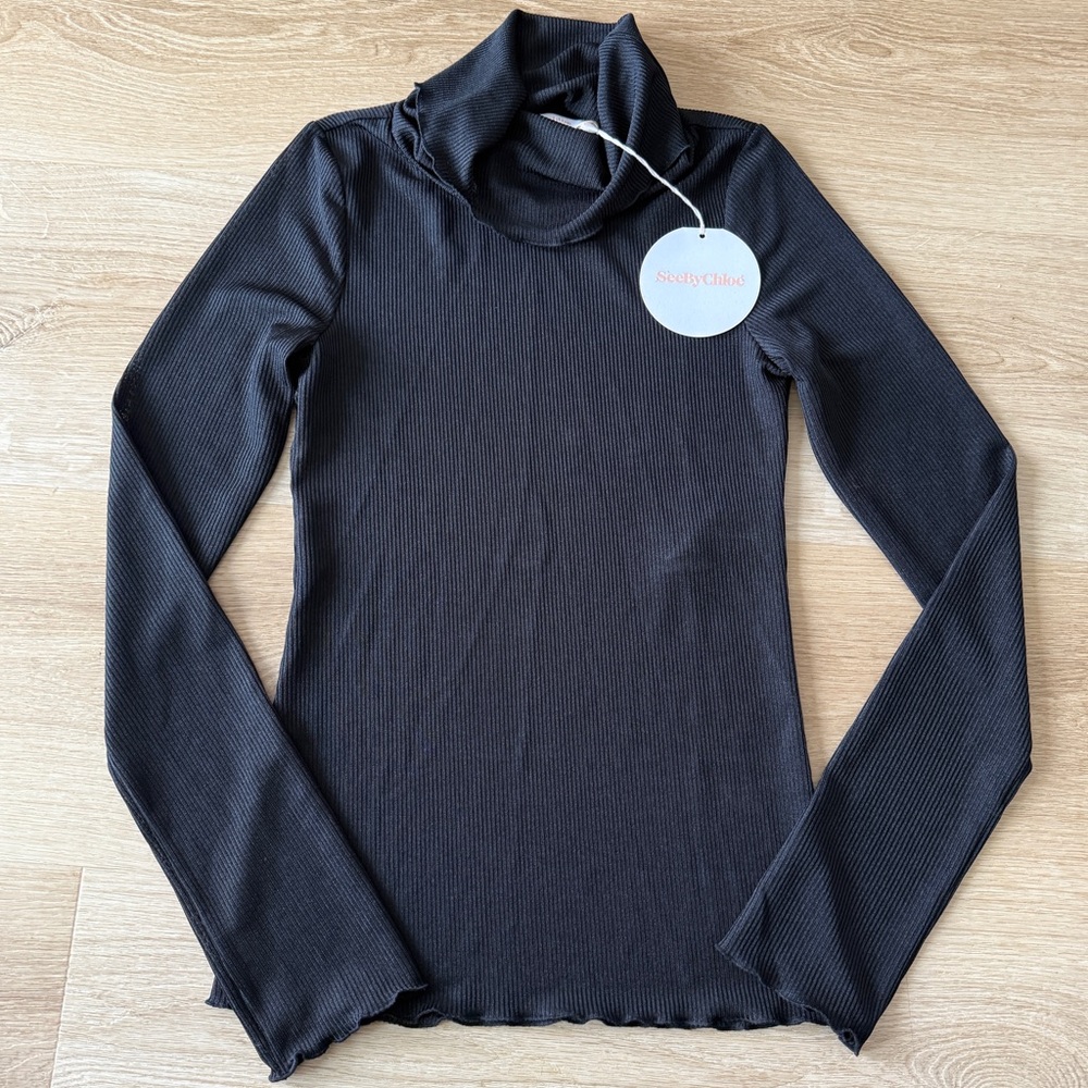 See By Chloé NWT Black Semi Sheer Ribbed Turtleneck Lettuce Edge Top